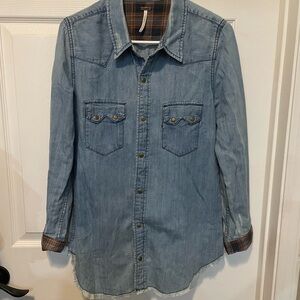 Free People Chambray Snap Front Shirt Dress Tunic Plaid Lined Cuffs - Size S
